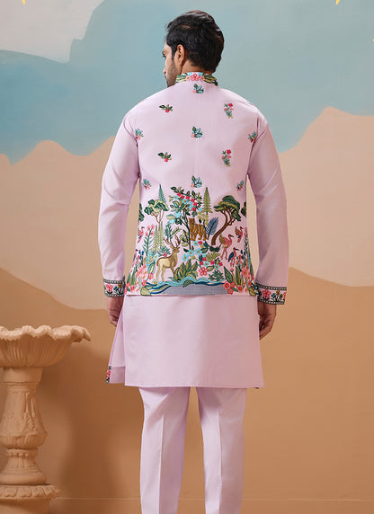 Viscose Silk Lavender Festival Wear Sequins Embroidery Work Readymade Modi Jacket Kurta Pajama 388285