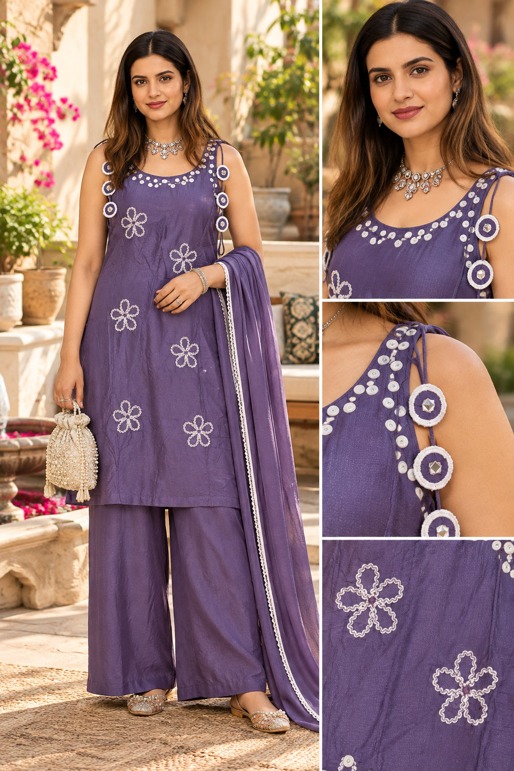 Lavender Mirror Details Sleeveless Kurta Set with Palazzo and Dupatta L-731090