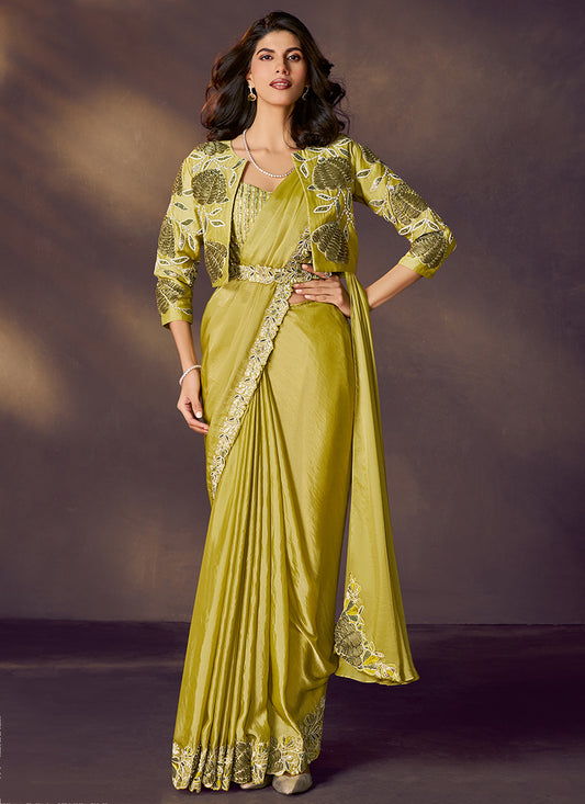 Satin Silk Lemon Green Wedding Wear Sequins Embroidery Ready To Wear Saree 386139