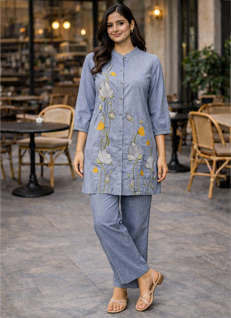 Light Blue Cotton Thread Work Daily Wear Readymade Cord Set SW567089