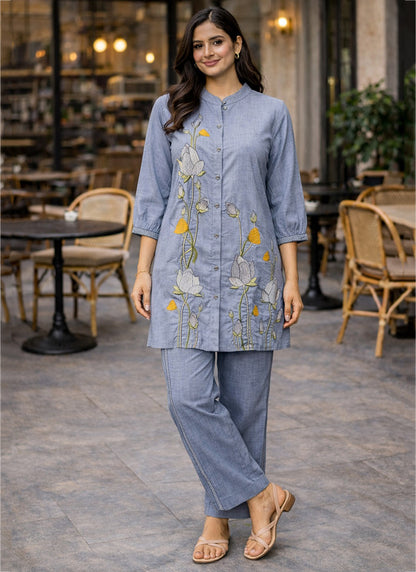 Light Blue Cotton Thread Work Daily Wear Readymade Cord Set SW567089