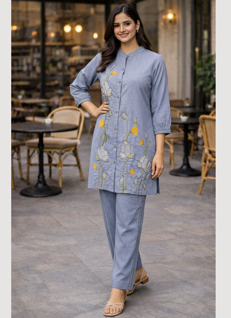 Light Blue Cotton Thread Work Daily Wear Readymade Cord Set SW567089