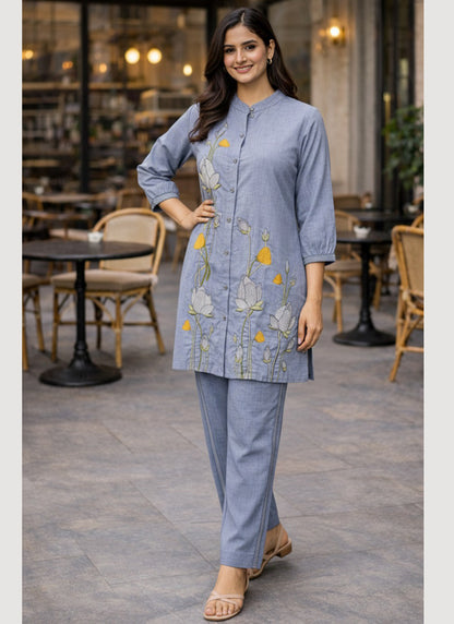 Light Blue Cotton Thread Work Daily Wear Readymade Cord Set SW567089