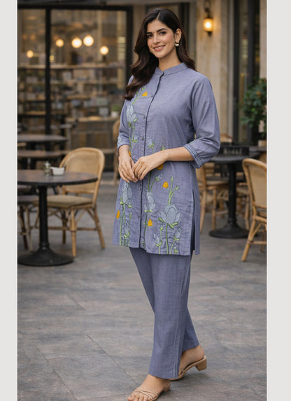 Light Blue Cotton Thread Work Daily Wear Readymade Cord Set SW567089