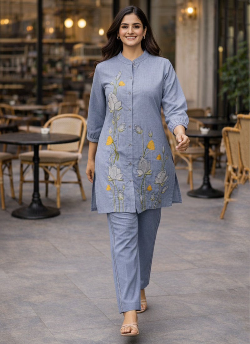 Light Blue Cotton Thread Work Daily Wear Readymade Cord Set SW567089