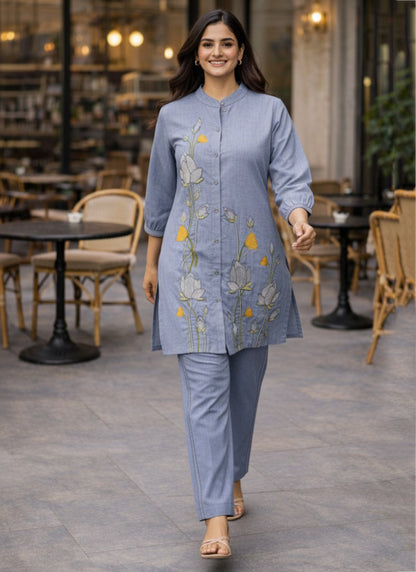 Light Blue Cotton Thread Work Daily Wear Readymade Cord Set SW567089