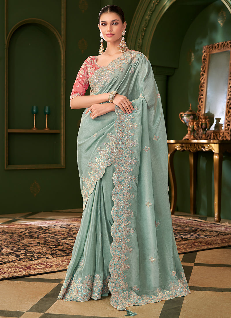 Georgette Silk Light Blue Wedding Wear Zari Embroidery Work Saree 386651