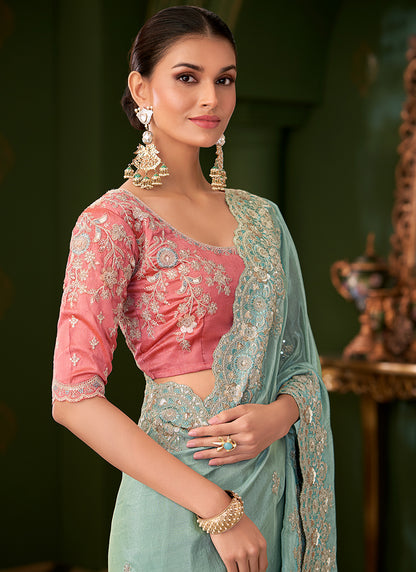 Georgette Silk Light Blue Wedding Wear Zari Embroidery Work Saree 386651