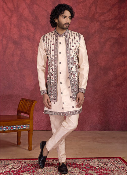 Art Silk Light Brown Wedding Wear Embroidery Work Readymade IndoWestern Sherwani 387380