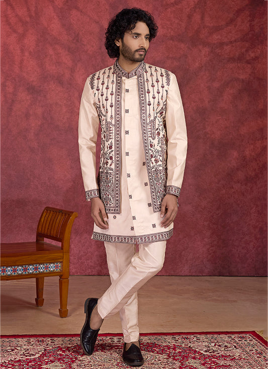 Art Silk Light Brown Wedding Wear Embroidery Work Readymade IndoWestern Sherwani 387380
