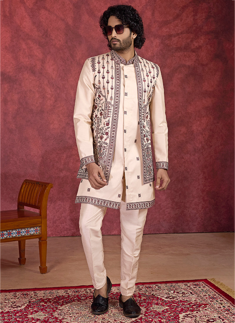 Art Silk Light Brown Wedding Wear Embroidery Work Readymade IndoWestern Sherwani 387380