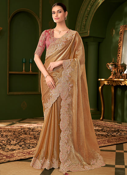 Chiffon Silk Light Brown Wedding Wear Zari Embroidery Work Saree 386648