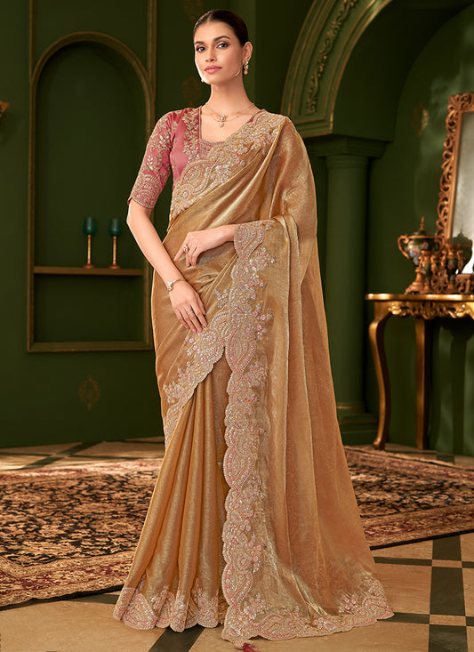 Chiffon Silk Light Brown Wedding Wear Zari Embroidery Work Saree 386648