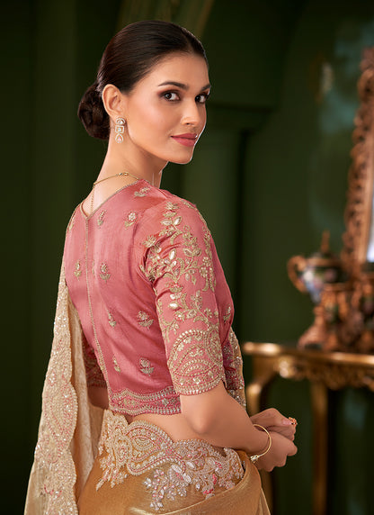 Chiffon Silk Light Brown Wedding Wear Zari Embroidery Work Saree 386648