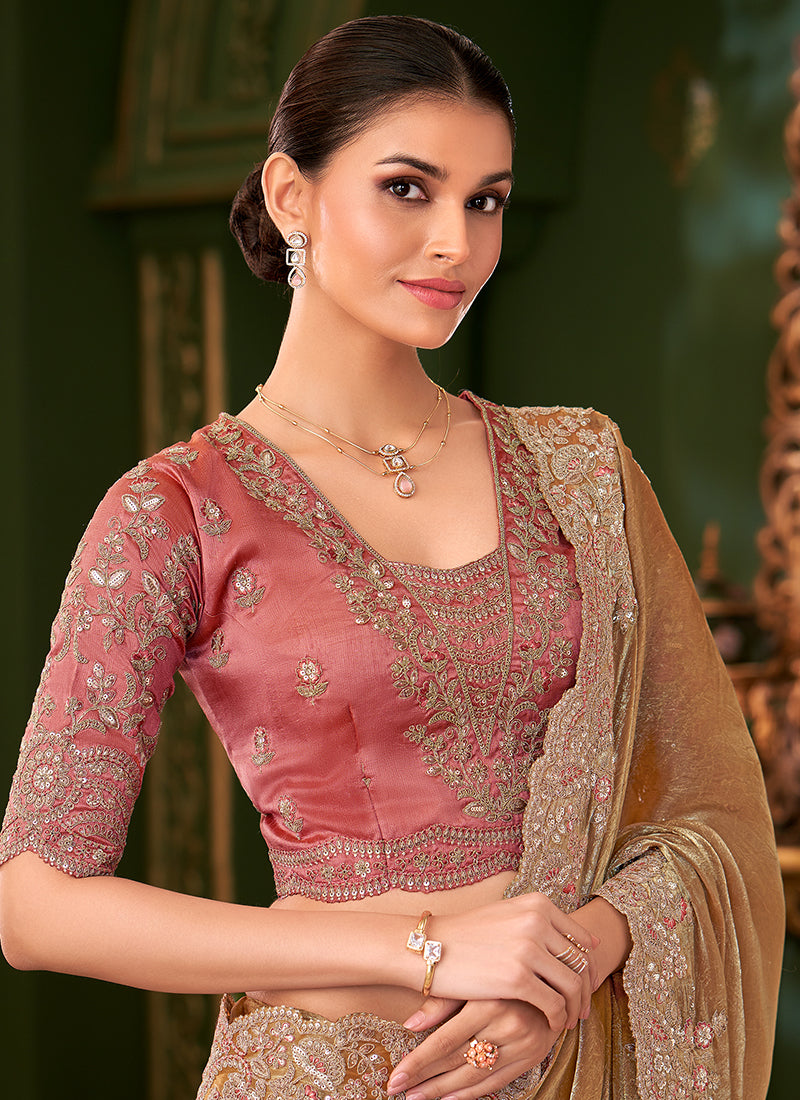 Chiffon Silk Light Brown Wedding Wear Zari Embroidery Work Saree 386648