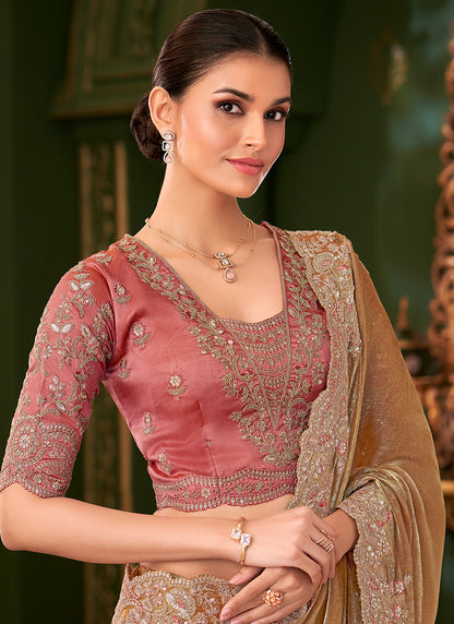 Chiffon Silk Light Brown Wedding Wear Zari Embroidery Work Saree 386648