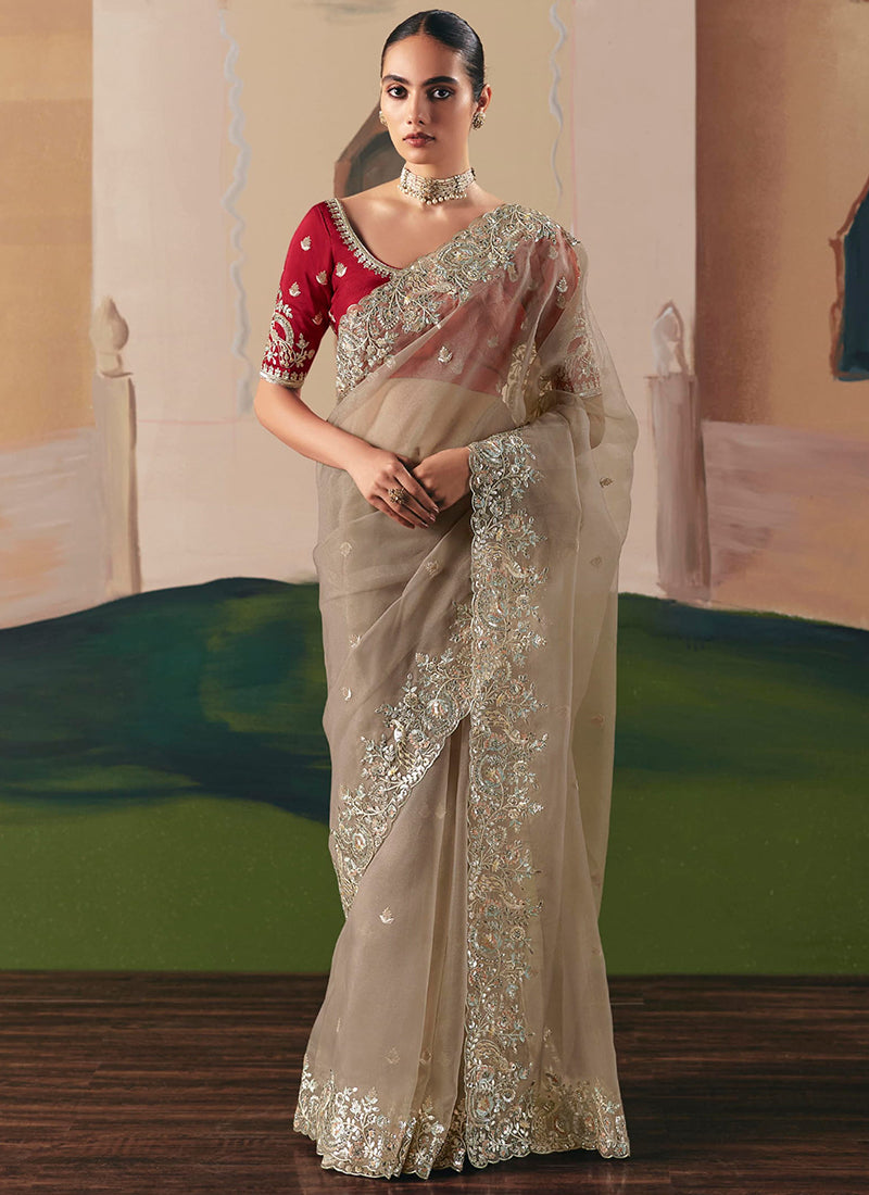 Fancy Fabric Light Brown Saree with Embroidery Work for Wedding Wear 384693