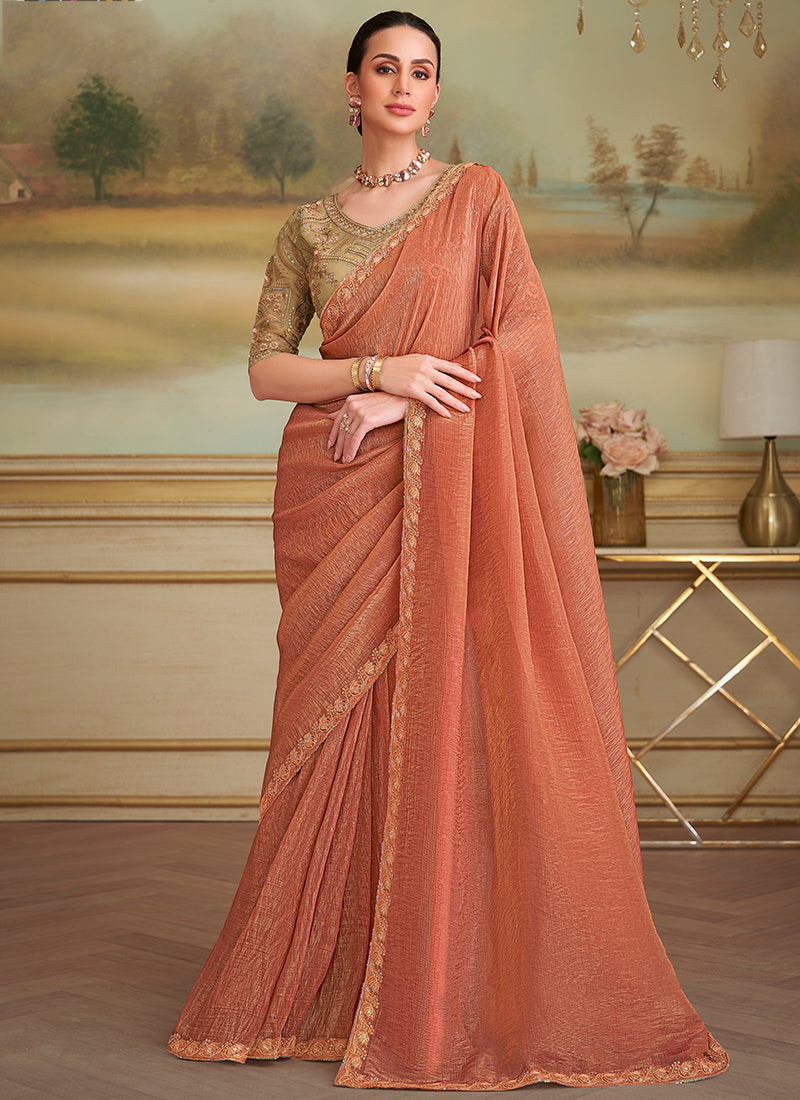 Georgette Light Brown Party Wear Embroidery Work Saree 386393