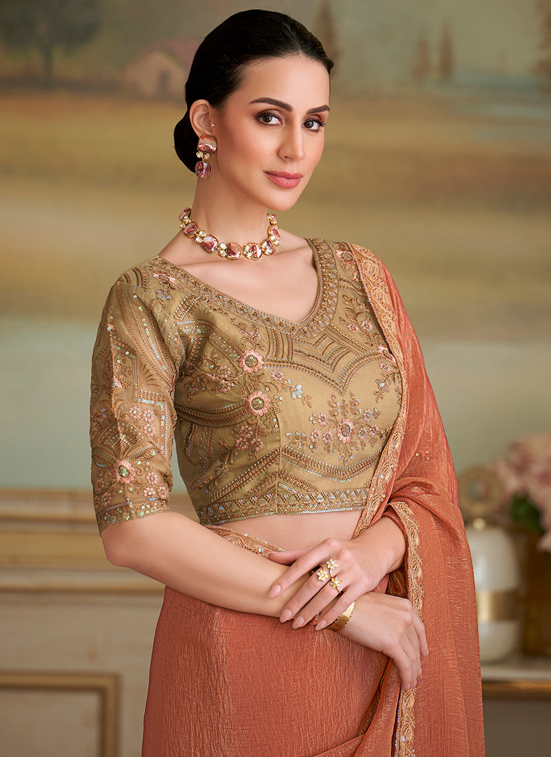 Georgette Light Brown Party Wear Embroidery Work Saree 386393