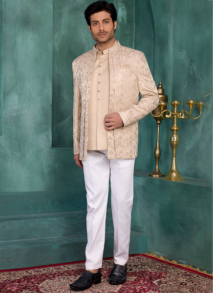 Light Brown Silk Pattern Pc Work Party Wear Readymade Jodhpuri Suit SW548719