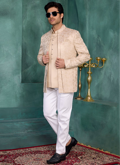 Light Brown Silk Pattern Pc Work Party Wear Readymade Jodhpuri Suit SW548719