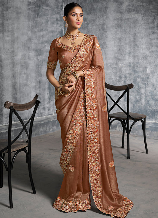 Silk Light Brown Saree with Embroidery Work for Wedding Wear 385010
