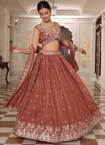 Star Georgette Light Brown Ocassional Wear Embroidery Work Lehenga Choli 386077
