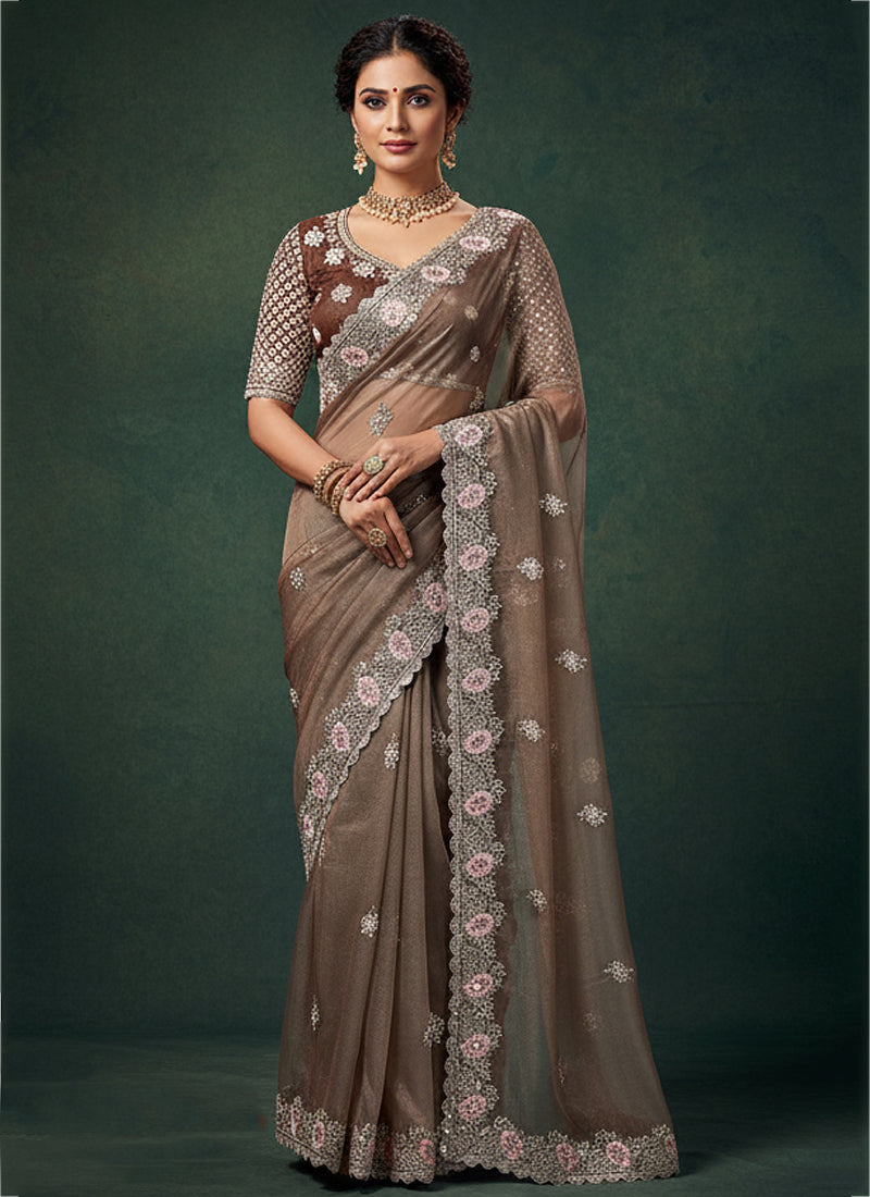 Tissue Silk Light Brown Saree with Thread Embroidery Work for Wedding Wear 384486