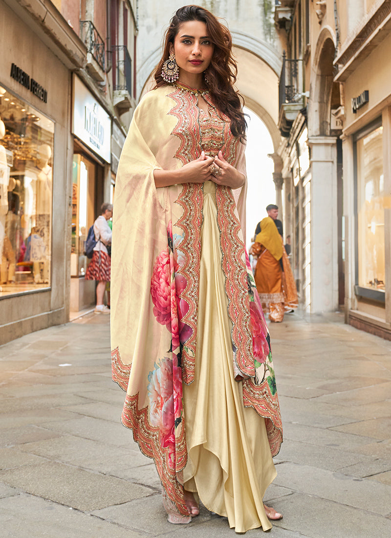 Real French Crepe Silk Light Golden Party Wear Digital Print Work Readymade Designer Plazzo Suit 387226