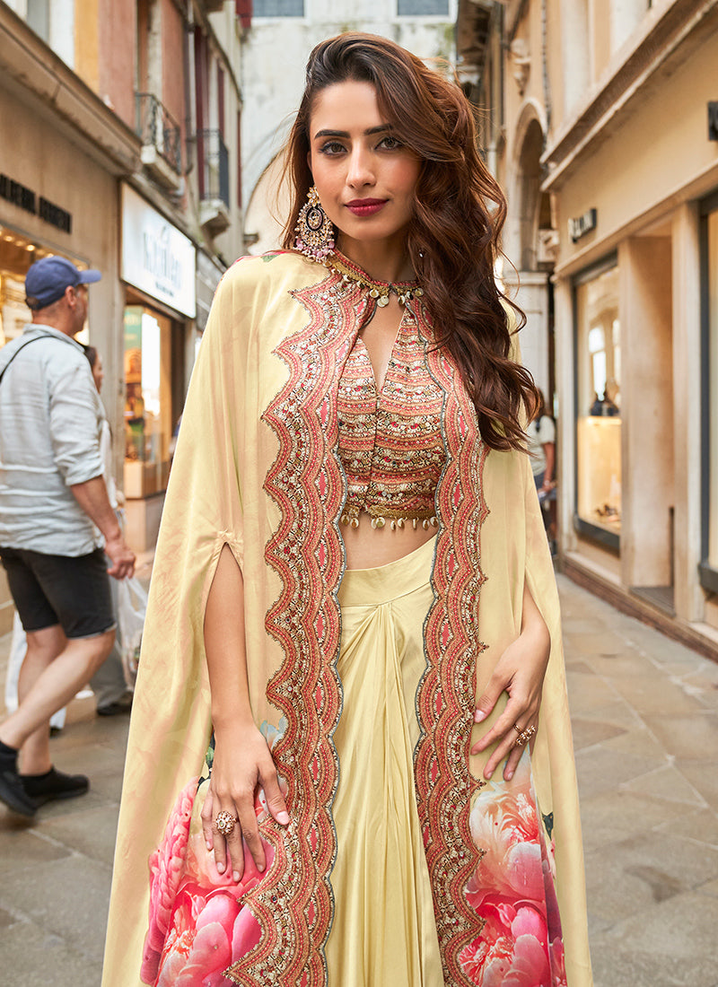 Real French Crepe Silk Light Golden Party Wear Digital Print Work Readymade Designer Plazzo Suit 387226