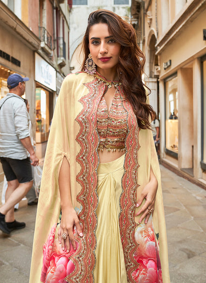 Real French Crepe Silk Light Golden Party Wear Digital Print Work Readymade Designer Plazzo Suit 387226