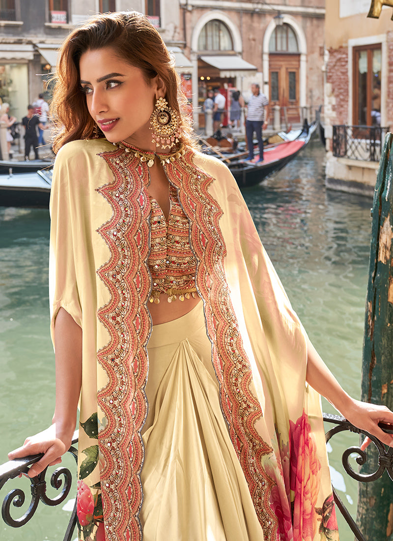 Real French Crepe Silk Light Golden Party Wear Digital Print Work Readymade Designer Plazzo Suit 387226