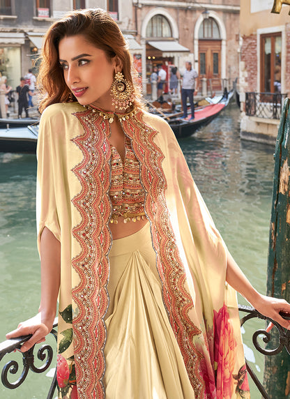 Real French Crepe Silk Light Golden Party Wear Digital Print Work Readymade Designer Plazzo Suit 387226