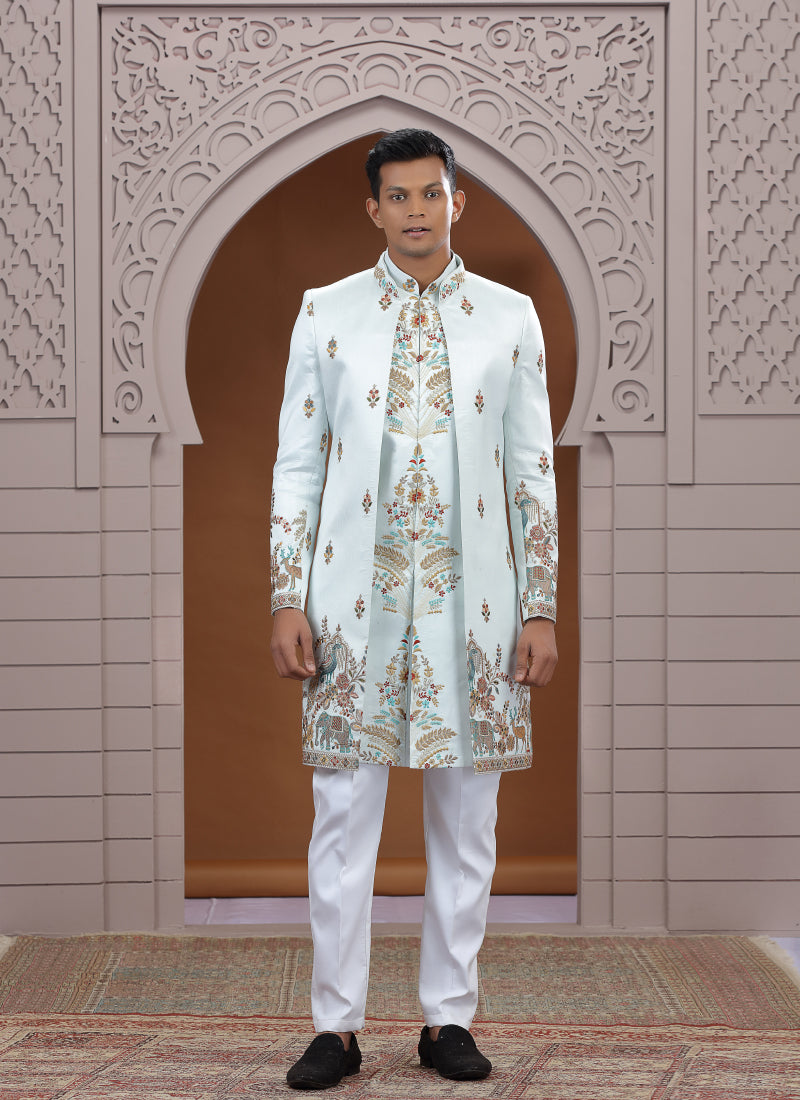 Art Silk Light Green Wedding Wear Embroidery Work Readymade Indo Western Sherwani 386007
