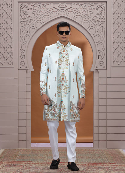 Art Silk Light Green Wedding Wear Embroidery Work Readymade Indo Western Sherwani 386007