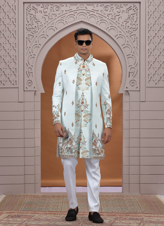 Art Silk Light Green Wedding Wear Embroidery Work Readymade Indo Western Sherwani 386007