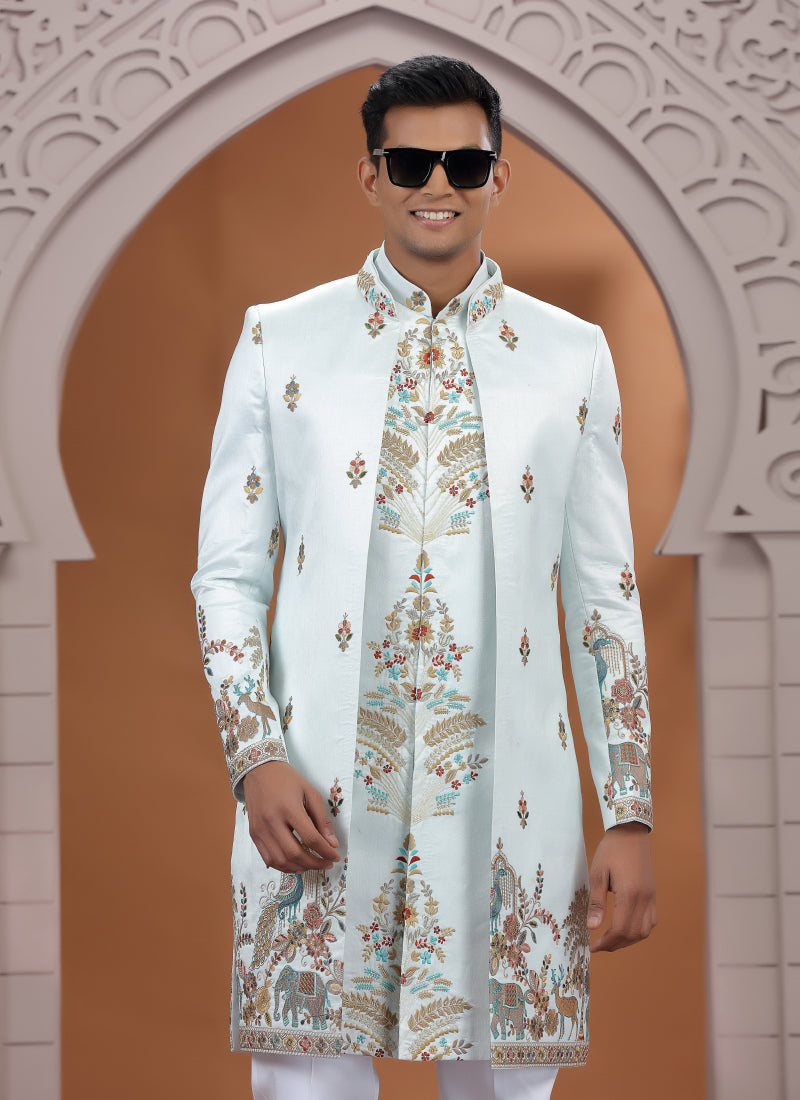 Art Silk Light Green Wedding Wear Embroidery Work Readymade Indo Western Sherwani 386007