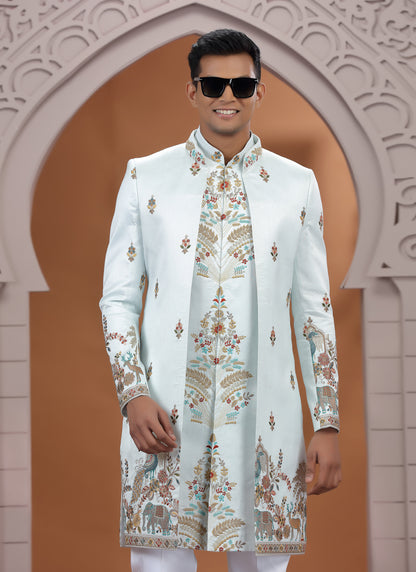 Art Silk Light Green Wedding Wear Embroidery Work Readymade Indo Western Sherwani 386007