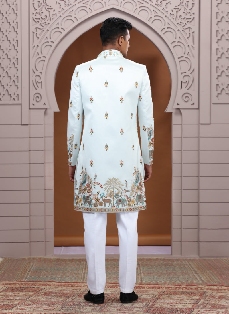 Art Silk Light Green Wedding Wear Embroidery Work Readymade Indo Western Sherwani 386007