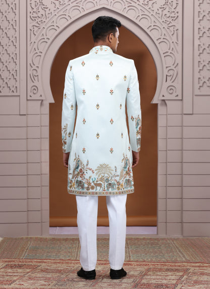 Art Silk Light Green Wedding Wear Embroidery Work Readymade Indo Western Sherwani 386007