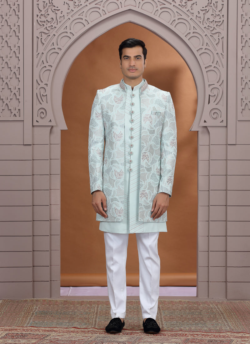 Art Silk Light Green Wedding Wear Embroidery Work Readymade Indo Western Sherwani 386016
