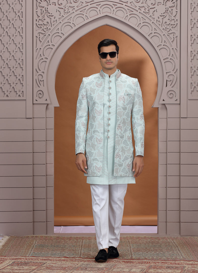 Art Silk Light Green Wedding Wear Embroidery Work Readymade Indo Western Sherwani 386016