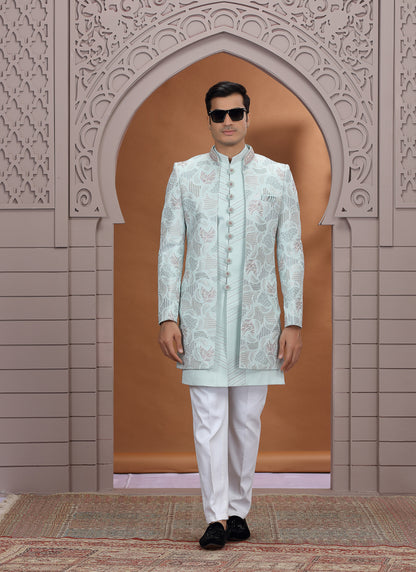 Art Silk Light Green Wedding Wear Embroidery Work Readymade Indo Western Sherwani 386016
