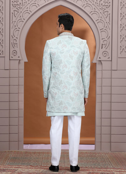 Art Silk Light Green Wedding Wear Embroidery Work Readymade Indo Western Sherwani 386016