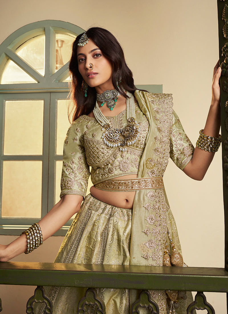 Light Green Banarasi Silk Weaving Work Wedding Wear Wedding Lehenga Choli SW586888