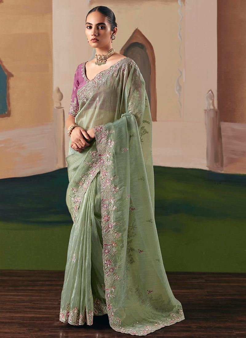 Fancy Fabric Light Green Saree with Embroidery Work for Wedding Wear 384695