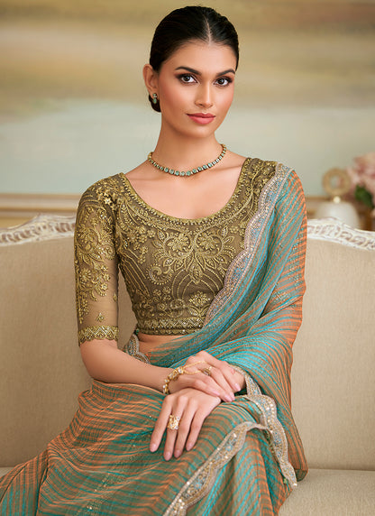 Georgette Light Green Party Wear Embroidery Work Saree 386390