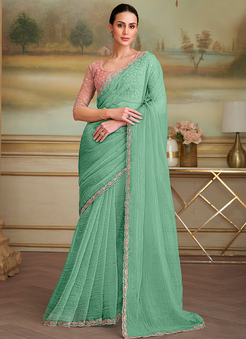 Georgette Light Green Party Wear Embroidery Work Saree 386400