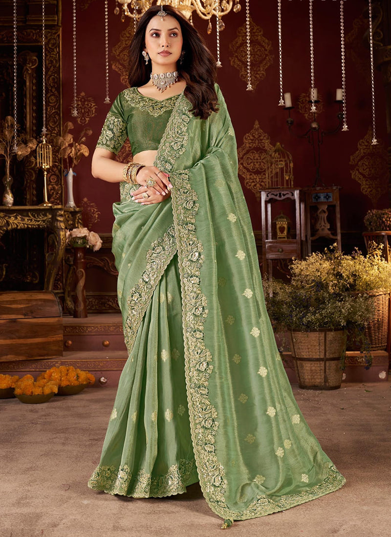 Jacquard Tissue Silk Light Green Wedding Wear Border Work Wedding Saree 387808