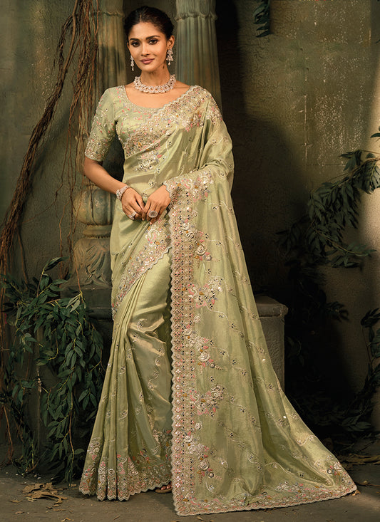 Light Green Kanchipuram Silk Embroidery Work Wedding Wear Wedding Saree SW568385
